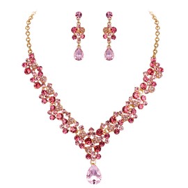 BriLove Wedding Bridal Jewelery Set Pink Rhinestone Crystal Beaded Cluster Statement Necklace Dangle Earrings for Women Gold-Toned