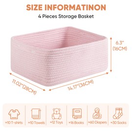 OIAHOMY 4 Pack 14.17*11.02*6.3IN Storage Baskets for Organizing Shelves, Woven Rope Baskets for Organizing Books, Clothes, Decorative Basket for Living Room, Nursery, Bedroom, Gift Basket, Pink