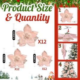 36 Pcs Christmas Glitter Poinsettia Flowers Artificial Poinsettia Ornaments Fake Flower Christmas Tree Decorations Glitzy Poinsettia with Clips for DIY Xmas Wreaths Holiday Home Party Decor(Rose Gold)