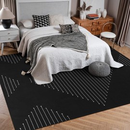 LIVEBOX Boho Area Rug 8' x 10' Black Living Room Rug Washable Moroccan Cotton Rugs for Bedroom, Large Thin Carpet Indoor Outdoor Floor Rug for Dining Room Home Office