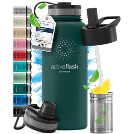 Trinkflasche Edelstahl ACTIVE FLASK + Strohhalm (3 Deckel) BPA-frei, Auslaufsicher, Kohlensäure geeignet - Wasserflasche Fahrrad Thermosflasche Isoliert Isolierflasche Sport Wasser Flasche Kinder Tee