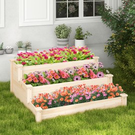 Giantex 3-Tier Raised Garden Bed, Tiered Planter Box w/Open-ended Base, Fir Wood Elevated Raised Beds for Gardening, Vegetable Flower Herb Fruit, Perfect for Patio, Lawn, Backyard