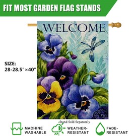 Furiaz Decorative Vintage Flower Welcome Spring Large House Flag Double Sided, Home Floral Burlap Pansies Dragonfly Outside Garden Yard Decoration, Summer Seasonal Outdoor Décor Flag 28 x 40
