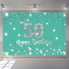 Happy 50th Birthday Background Banner Party Decoration for Women, 50 Years Old Fabric Sign Poster, Turquoise Photography Background 50th Birthday Party Supplies, 150x90cm