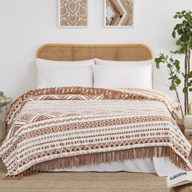 CASAAGUSTO Queen Boho Blanket, Terrcotta Aztec Blankets with Tassel - Printed Flannel Cozy Soft Western Blanket for Chair, Bed, Sofa, Chair (90 * 90 Inches)