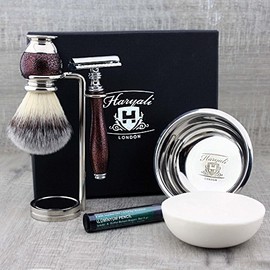 Stunning vintage look shaving set for men with synthetic badger shaving brush, DE safety razor, dual stand, shaving bowl and soap - perfect gift for any gentleman