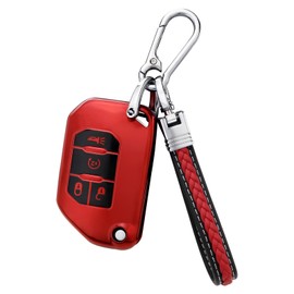 Dargoose Key Fob Cover for Jeep Wrangler Gladiator 2024 2023 2022 2021 2020 Car Keys Case 4 Button Red with Leather Keychain