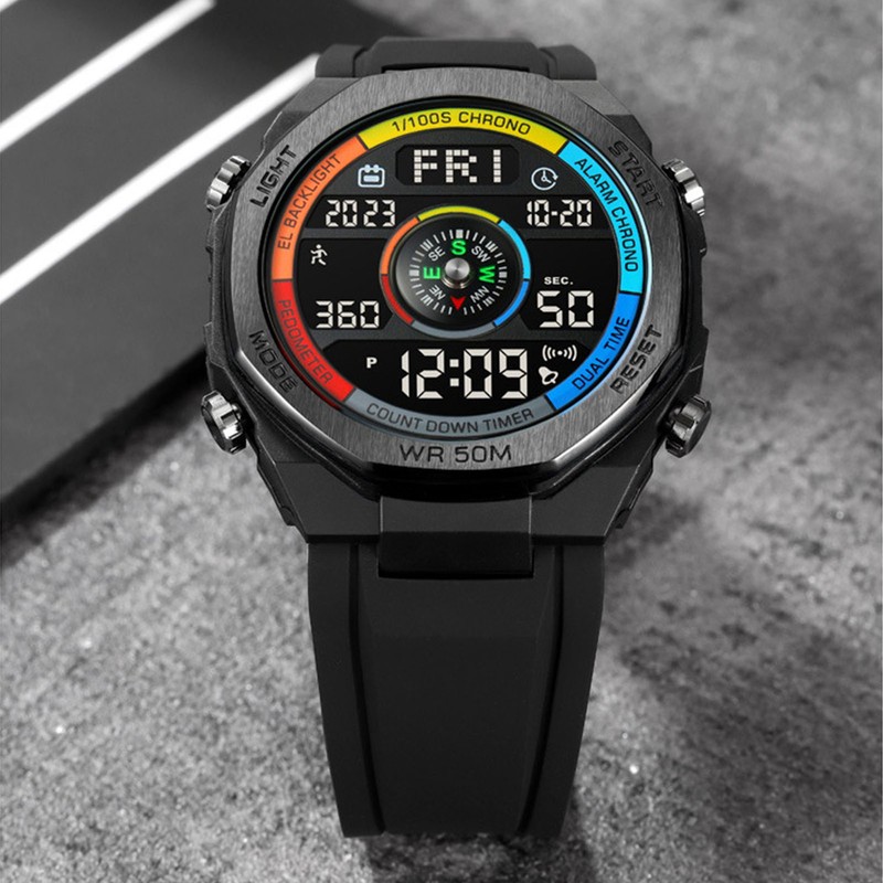 Outdoor Sports Electronic Watch Multifunctional Stylish Pedometer Compass Luminous Waterproof
