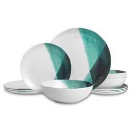 Melamine Plates and Bowls Set - 12pcs Dinnerware Dishes Set for 4, Dinner Plates for Indoor and Outdoor Use, Lightweight Break-resistant, Green & White