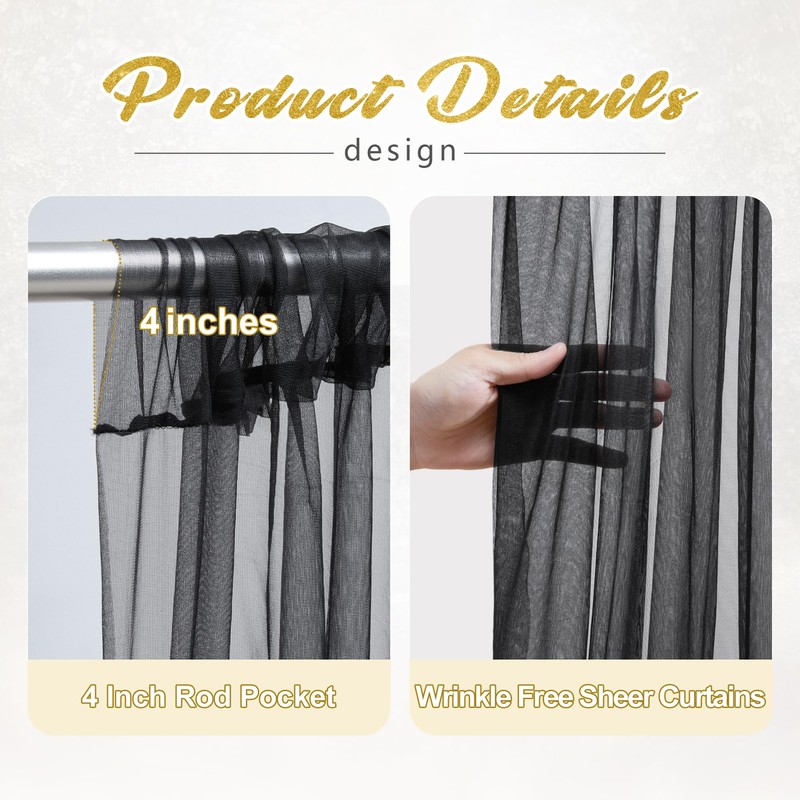 30x8ft Black Tulle Backdrop Curtain with Lights String for Parites,