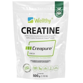 Wellthy Creatina Monohidratada Creapure ® 750g. 100% Pura. Solo 1 Ingrediente Creatina Alemana Creapure®. Vegana, Sin Azúcar, 150 porciones, 5g por porción, Pre Entreno con Scoop. Pure. Proven. Perfect.