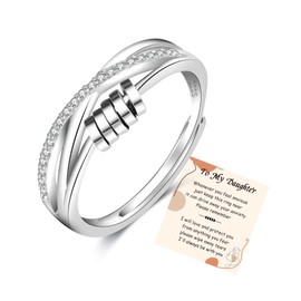 PABBEU To My Daughter Fidget Ring Sterling Silver Anxiety Ring Adjustable Fidget Ring Stress Spinner Rings with Beads Cubic Zircon Anxiety Ring for Daughter Women Girls