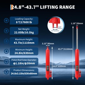 8 Ton Hydraulic Long Ram Jack, Engine Hoist Cylinder with Single Piston Pump & Clevis Base, Long Ram Jack for Engine Hoists, Garage Cranes, Farm, Mechanical