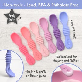 PrimaStella Juego de cucharas masticables de silicona arcoíris para bebés y niños pequeños, probado con seguridad, sin BPA, apto para microondas, lavavajillas y congelador, tonos rosados