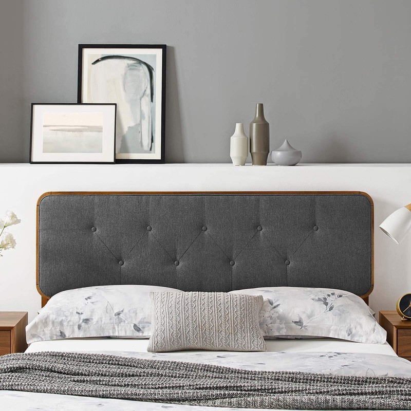Collins Tufted Twin Fabric and Wood Headboard in Walnut Charcoal