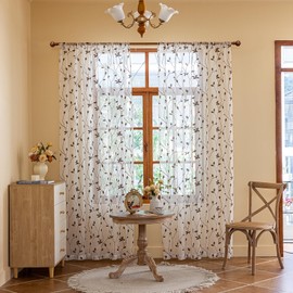 AmHoo 2 Panels Embroidered Leaf Pattern Semi Sheer Curtains Foliage Floral Voile Window Draperies Treatment for Bedroom Living Room Rod Pocket White Brown 53 x 84 Inch