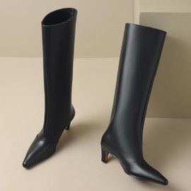 MOOMMO Women Low Kitten Heel Knee High Boots Pointed Cap Toe Slouch Long Boots Pull On Wide Calf Comfort 2” Mid Heel Tall Boots Cap Toe Pleated Dress Boots Casual Retro Black 8 M US