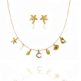 PYXXcat Pearl Bubble Letter Charm Necklace Gold Initial Sea Shell Necklaces Starfish Pearl Earrings for Women Trendy Beach Boho 18K Gold Plating Jewelry set for Women A-Z Letter Gold Chain surf (C)