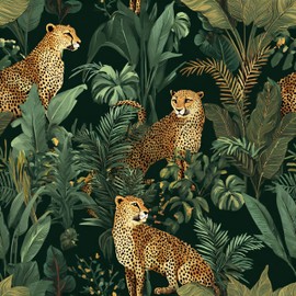 Dark Tropical Cheetah Jungle Peel and Stick Wallpaper, Self Adhesive Wallpaper, Waterproof Vinyl Wall Covering 17.5"X236.2"