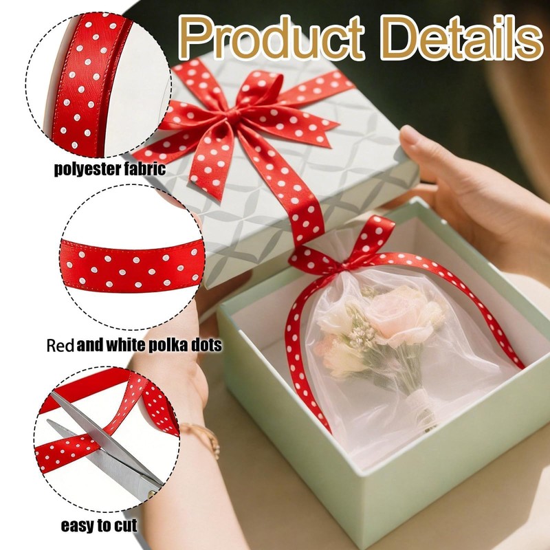 25 Yards Polka Dot Ribbon 3/8 inch, Red Satin Ribbon