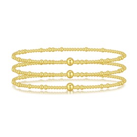 HANRESHE Gold Beaded Bracelets for Women Non Tarnish Gold Plated Stackable Beaded Strand Bead Ball Bracelet Stack Stretch Waterproof Adjustable Jewelry Set for Gifts