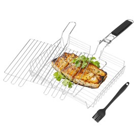 Grill Basket, Grill Baskets for Outdoor Grill With Adjustable Cover & Detachable Handle,Brush Fish Grill Basket, for Meat Vegetable, Grilling Basket, BBQ Accessory (Black Handle)