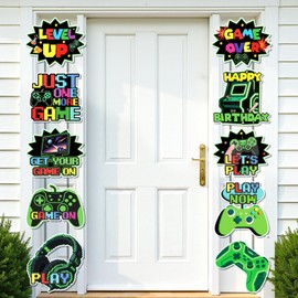 Video Game Party Decorations for Boys Green Video Gaming Happy Birthday Door Banner Level Up Banner Gamer Party Decor for Kids Men Gaming Controller Pre-Assembled Bunting Garland Hanging Wall Supplies