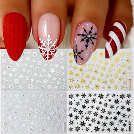 Snowflake Nail Art Stickers 4PCS Winter Christmas Nail Decals Laser Silver White Gold Black Snowflake Inlaid Shiny Rhinestones DIY New Year Nail Design