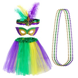 Sucrain 6PCS Mardi Gras Costume Accessories Set Women Tutu Skirt, Faux Feather Headband, Mask, 3PCS Beads for Women Carnival Party Outfit Supplies
