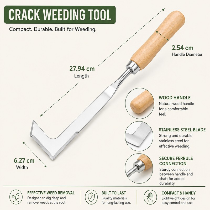 Stainless Steel Crack Weeder with Wood Handle – 11-Inch L-Shaped
