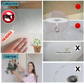 No Drilling No Hole Adhesive Hooks for Popcorn Ceiling, Easy Hanging Smooth or Unsmooth Tile Concrete Glass Wood Wall Ceiling Surface