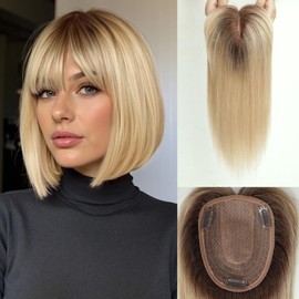 starluck Hair Toppers for Women Real Human Hair with Bangs 4.5"*5.5"Large Base 10 Inch 100% Real Human HairToppers for Women with ThinningHair Cover Gray Roots(ombre Light Blonde)