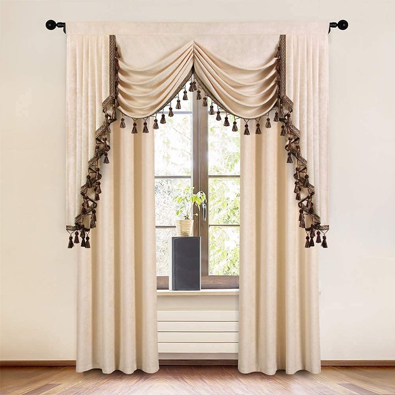ELKCA Beige Chenille Window Curtains Valance for Living Room Waterfall