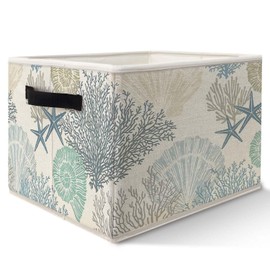 Likjad Coastal Beach Storage Bins Basket, Beach Room Decor, Coastal Coral Starfish Seashell Collapsible Fabric Storage Box Organizer Toybox for Bedroom Bathroom Clothes Books Toys