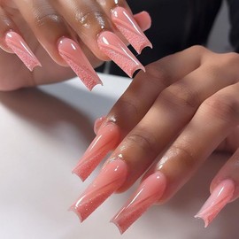 Pink Press on Nails Long Square BAOYAALIN, Cute Fake Nails with Glitter Design Gel Glue on Nails for Women Girls Full Cover Acrylic Artificial False Stick on Nail for Wedding 24Pcs in 12 Sizes