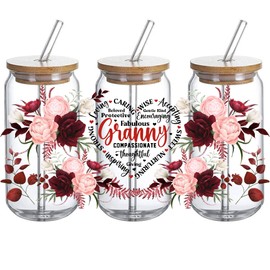 UV DTF Glass Cup Wrap Transfer -Granny loving beloved caring wise sweet giving UVDTF can Glass,Sublimation Design Flower Waterproof Decal for 16oz Glass Cups, Gifts for Women - 3PCS