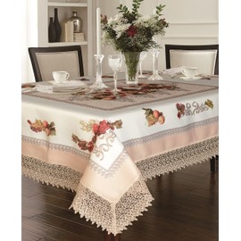 Violet Linen Decorative Printed Fruttela Tablecloth With Lace Trimming, Ivory, 70" Round