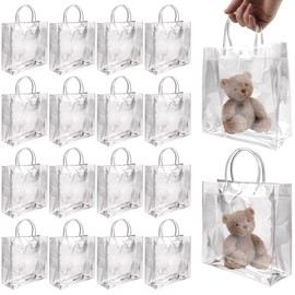 BadenBach 16 Pack Clear Gift Bags with Handles, 7.9" x 7.9" x 3.2" Small Reusable Plastic Party Favor Bags Bulk, Transparent PVC Tote Bag for Wedding, Birthday, Bachelorette, Boutique (20×20×8 cm)