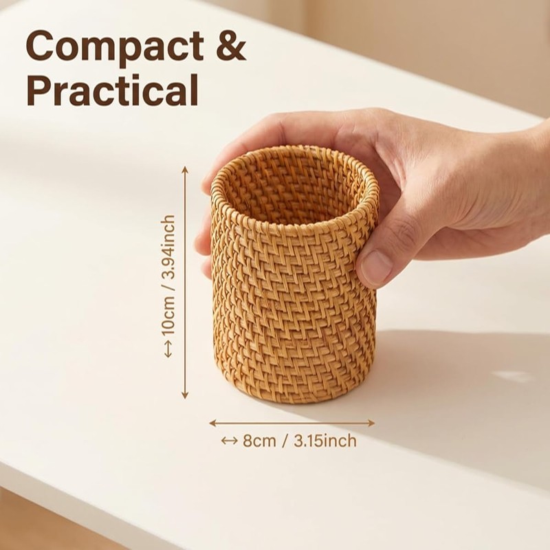 XLP Natural Rattan Pen Holder, Round Wicker Pencil Cup, Boho