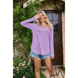 YUCOLEN Long Sleeve Tunic for Women V Neck Oversized Shirts Casual Loose Side Split Tops with Thumb Holes Purple S