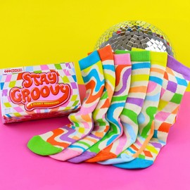 United Oddsocks Stay Groovy Gift Box for Women – 6 Funky Mismatched Socks – 70s Disco-Inspired Patterns – 15 Colourful Combos – UK 4–8, US 6.5–10.5, EU 37–42 – Cotton Rich Retro Gift Set