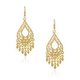 Gold Teardrop Dangly Earrings for Women Intricate Filigree Chandelier Design with Dangling Tassel Accents, Boho Gypsy Indian Jewelry​