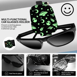 DtuiQSDRV Leather Magnetic Sunglass Holder for Car Sun Visor, Cute Eyeglass Ticket Card Hanger Clip, Universal Auto Interior Accessories for SUV Pickup Truck Green Alien Pattern