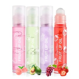 Wimode Hydrating Lip Oil Fruit Roll On Lip Grow Oil Primer Moisturizing Lip Balm Kit Clear Lip Gloss Slip Care 4 pcs