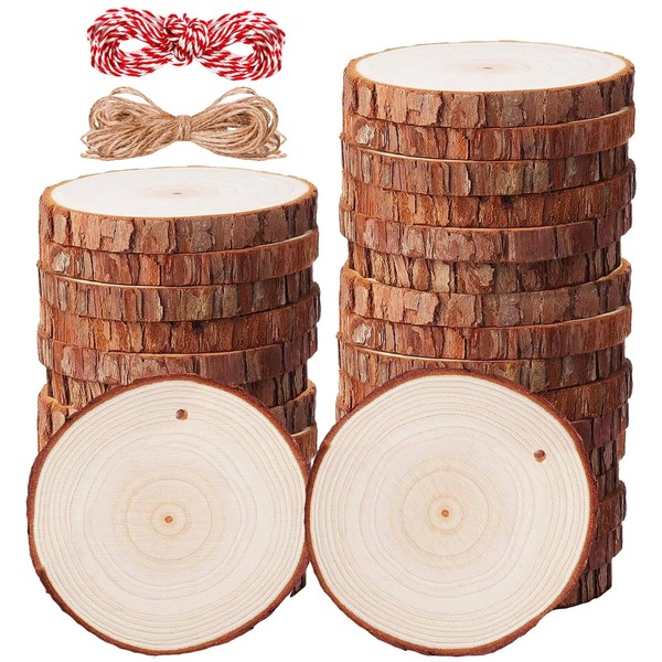 30Pcs Wood Slices 3.5"-4" Natural Unfinished Wood Rounds with Pre-drilled