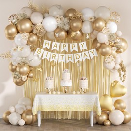 saratimtou White and Golden Birthday Party Decorations with Happy Birthday Banner Fringe Curtai Tablecloth Butterfly Decorations Foil Balloons Happy Birthday Decorations for Women Girls Adults Kids