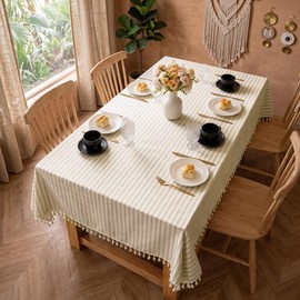 NUTKIT 140*140cm Table Cloth Square Stripe Tassels Tablecloth(Light Yellow)