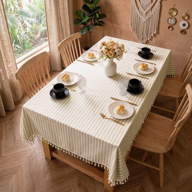 NUTKIT 140*140cm Table Cloth Square Stripe Tassels Tablecloth(Light Yellow)