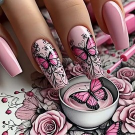 24Pcs Cute Press on Nails Short Coffin Fake Nails Pink Flower False Nails with Butterfly Designs Black Stripes Stick on Nails Spring Gloss Artificial Glue on Nails for Women Girls