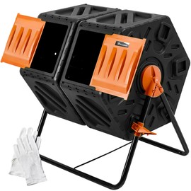 YITAHOME Large Outdoor Dual Chamber Compost Bin, 37 Gallon Rotating Composter Tumbling with 2 Sliding Doors and Aeration System, Garden Compost Tumbler, BPA Free (2x18.5 Gallon,Orange)